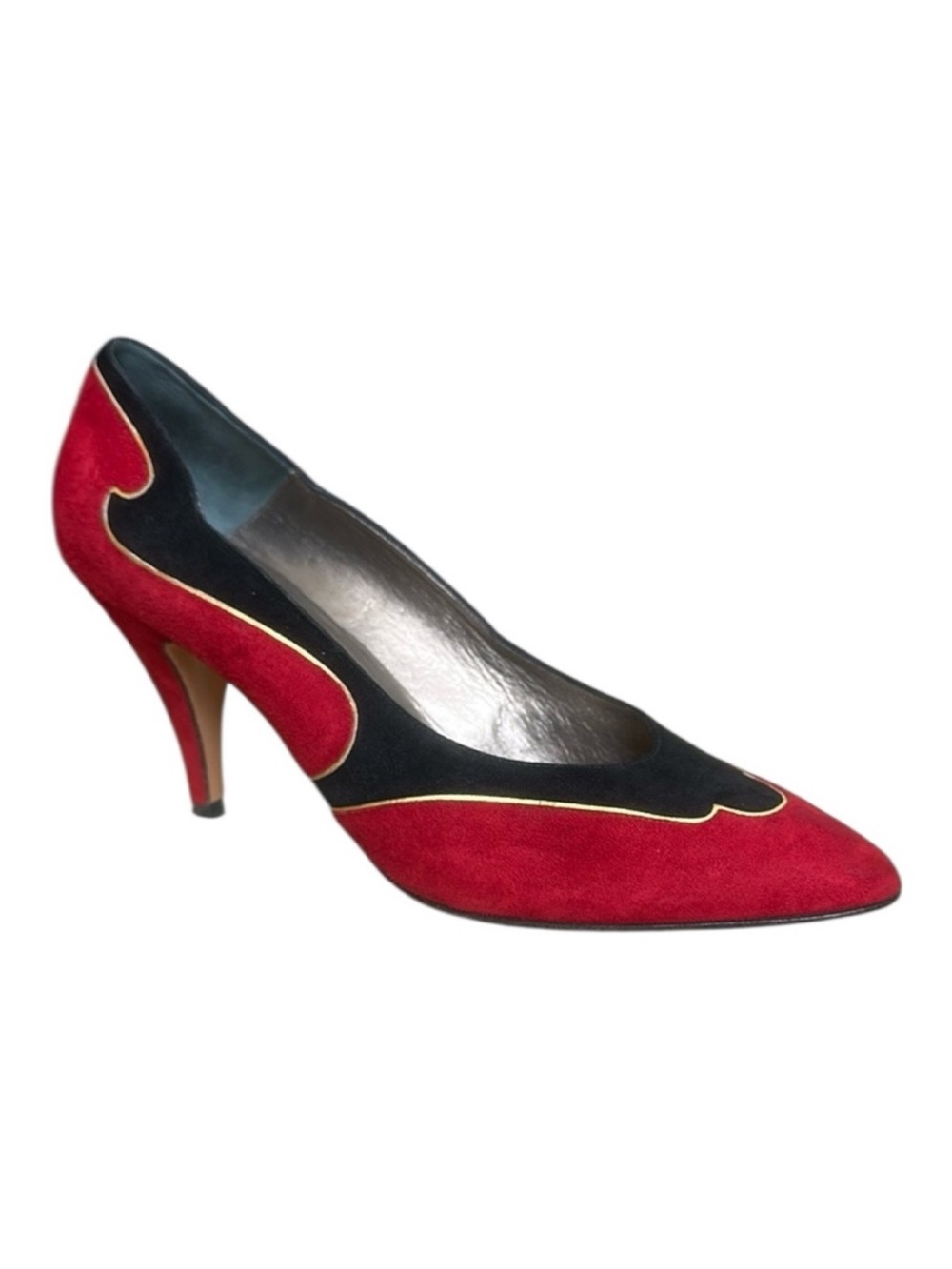 Bally 80s Vintage Red and Black Suede Heel Pumps Shoes Women's Size 8.5
